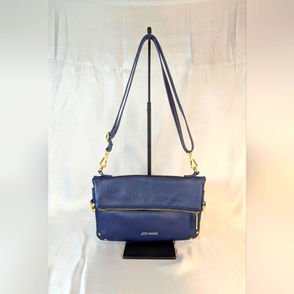 Joy & Iman Convertible Shoulder Bag Crossbody Clutch Blue Leather Gold Hardware